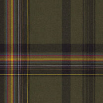 Close-up of a plaid fabric with green, red, and yellow colors.