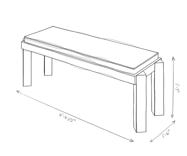 Line drawing of a bench with dimensions indicated