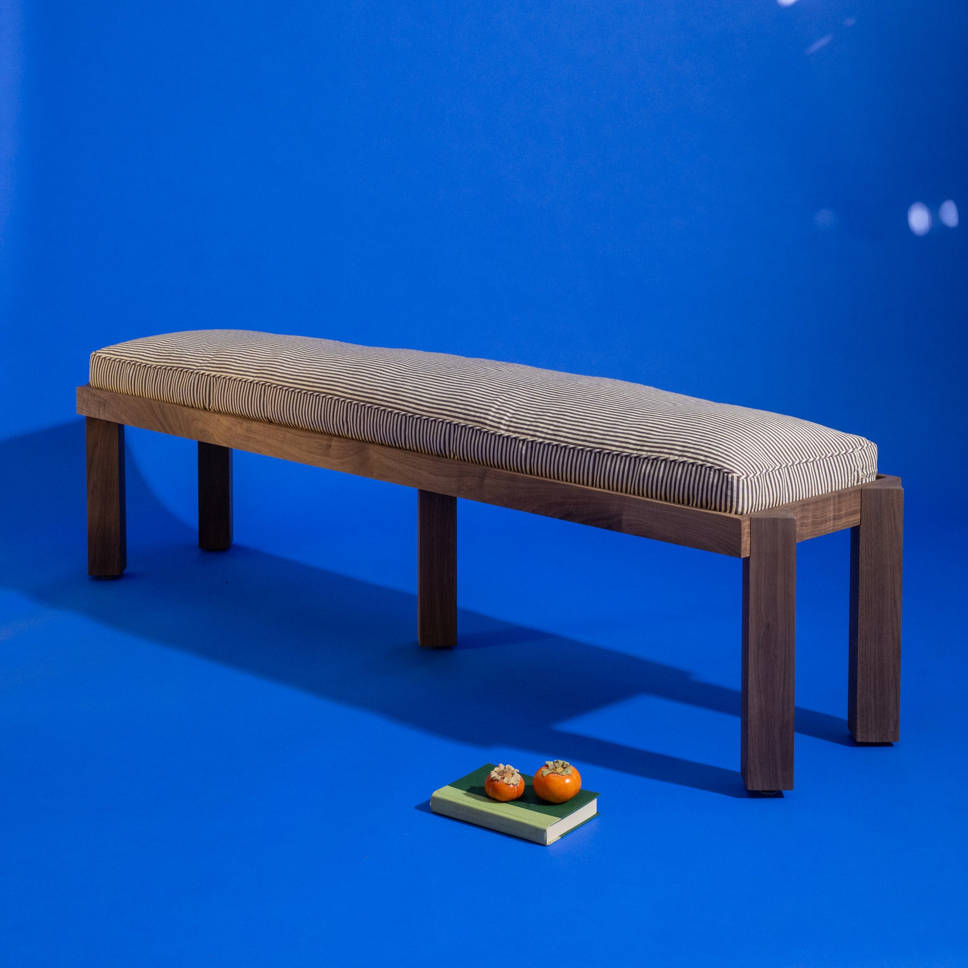Wooden bench with a cushion on a blue background