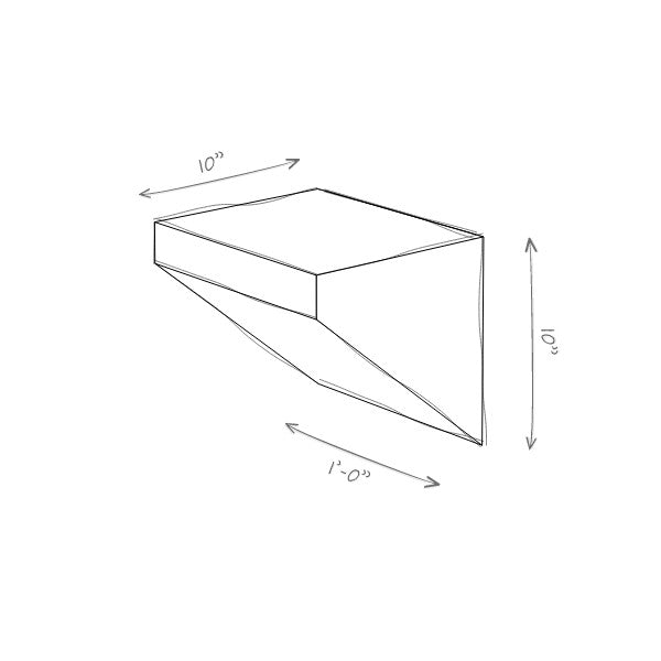 Technical drawing of a geometric shaped wall shelf with dimensions labeled