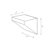Technical drawing of a geometric shaped wall shelf with dimensions labeled