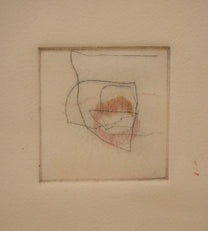 A minimalist abstract art print on textured cream paper, featuring a hand-drawn geometric composition with fine black lines and a central reddish-brown and pink scribble inside a thin square border.