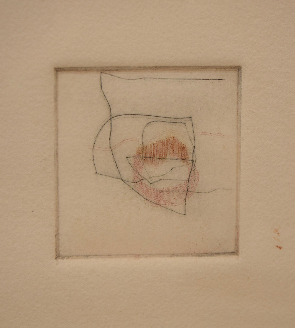 A minimalist abstract art print on textured cream paper, featuring a hand-drawn geometric composition with fine black lines and a central reddish-brown and pink scribble inside a thin square border.