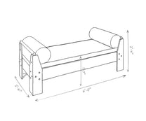 Technical drawing of a wooden daybed with dimensions labeled
