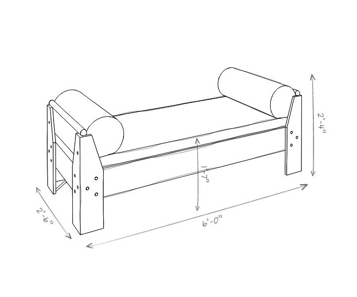 Technical drawing of a wooden daybed with dimensions labeled