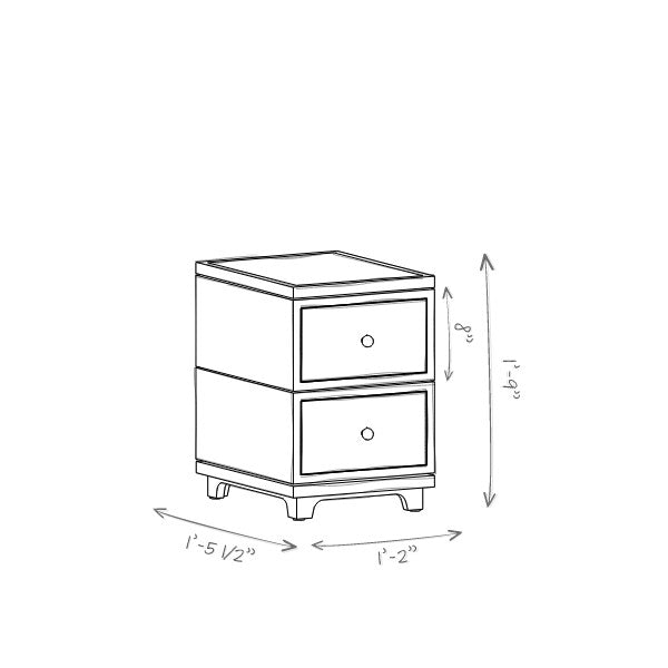 Line drawing of a two-drawer nightstand with dimensions indicated.