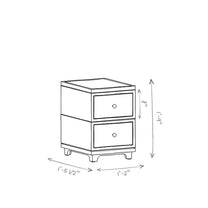 Line drawing of a two-drawer nightstand with dimensions indicated.