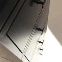 Close-up of a cabinet with black handles on a neutral background