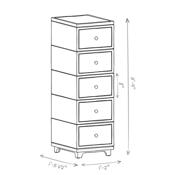 Line drawing of a tall narrow cabinet with five drawers and dimensions labeled.