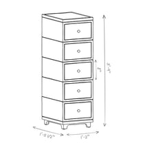 Line drawing of a tall narrow cabinet with five drawers and dimensions labeled.
