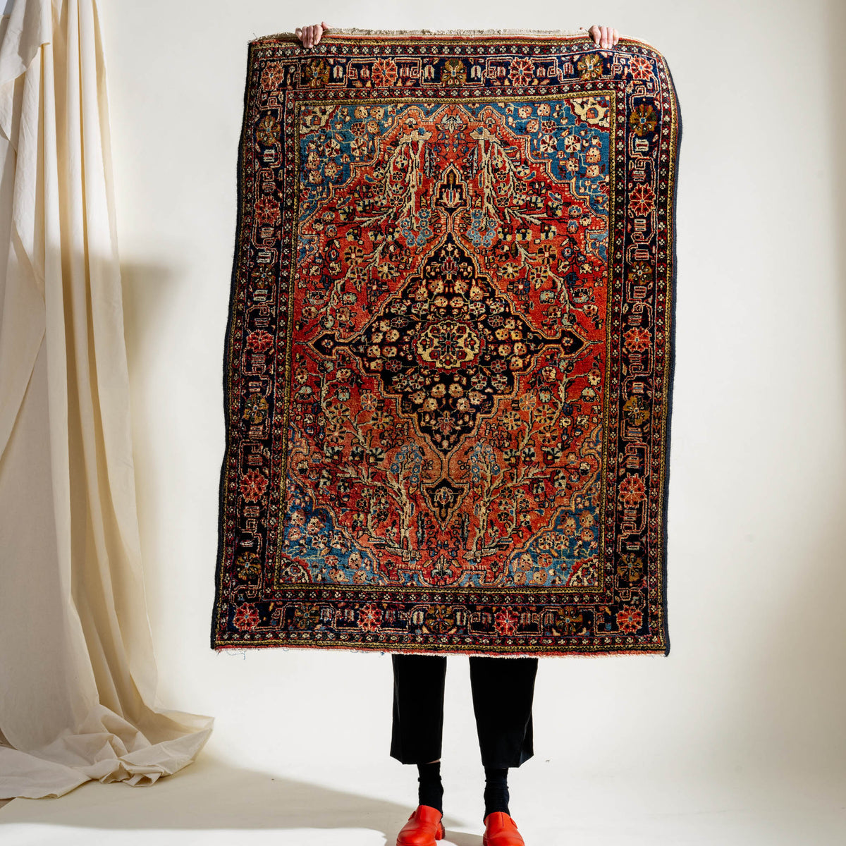 Person holding a large, intricately designed rug against a white background