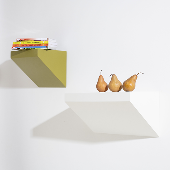 Two shelves with books and pears on a white background