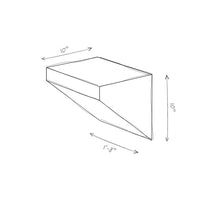 Technical drawing of a geometric wall shelf with labeled dimensions on a white background