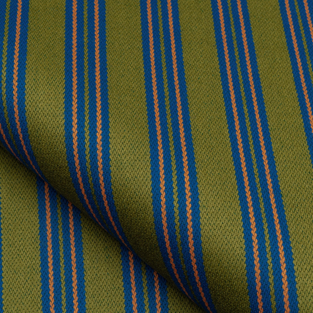 Close-up of Nobilis green fabric with blue and orange stripes